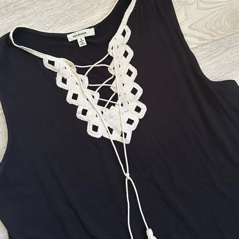 Max Studio Lace-Up Crochet Neck Tassels Sleeveless Dress - Picture 3 of 16